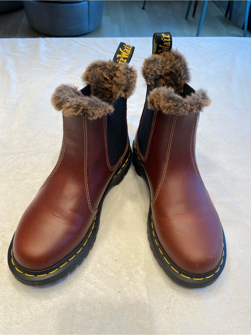 Dr. Martens Brown Leather Fur-Trim Chelsea Booties with Yellow Stitching EUC